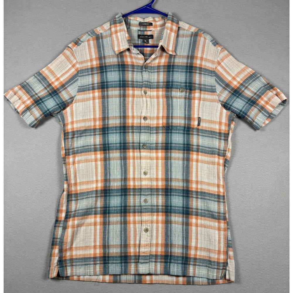 Eddie Bauer Classic Fit Plaid Short Sleeve Shirt Men TXL Orange Blue Cotton